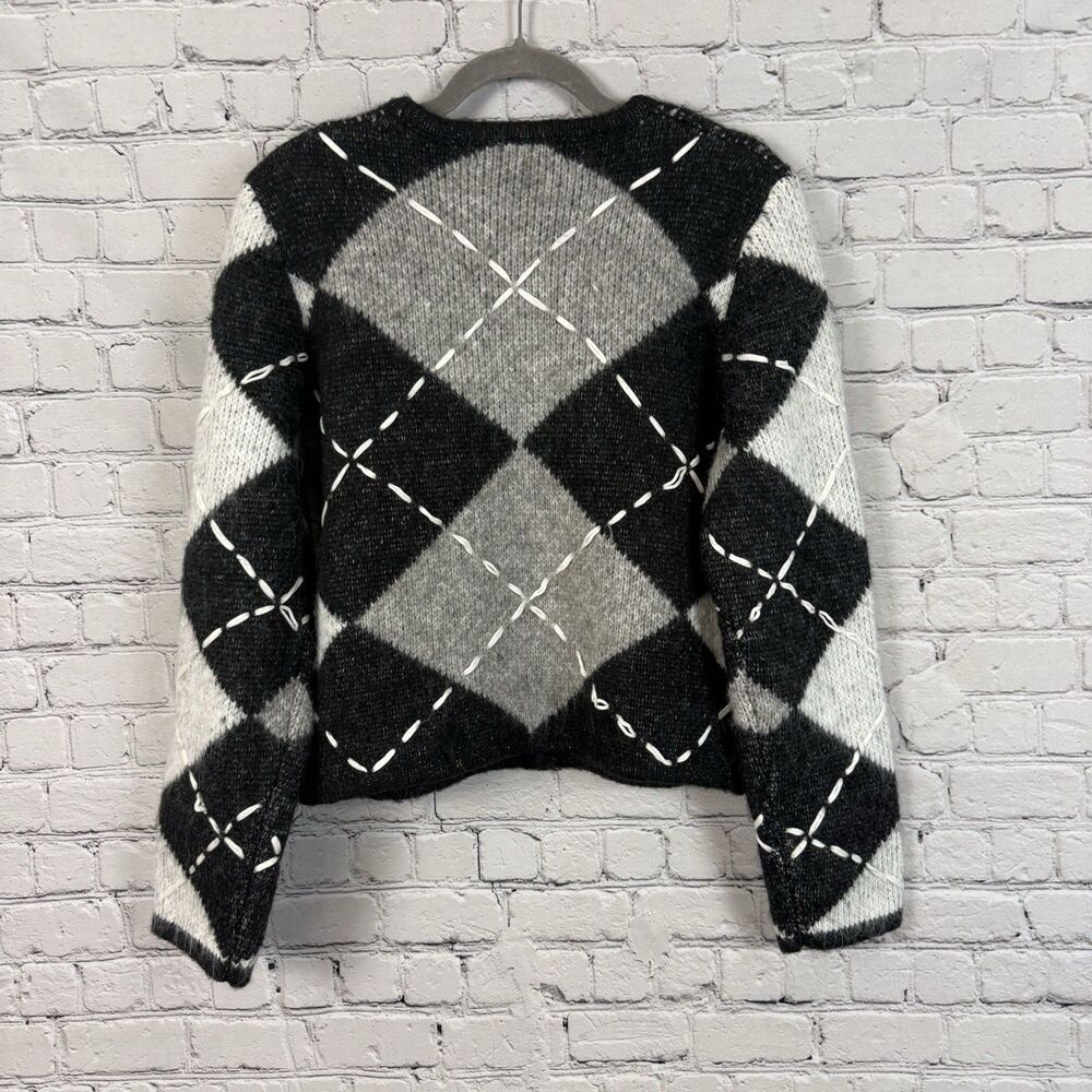 English Factory Argyle Cardigan Women S Heavyweight Cross Stitch Knit Black Gray - Picture 2 of 13